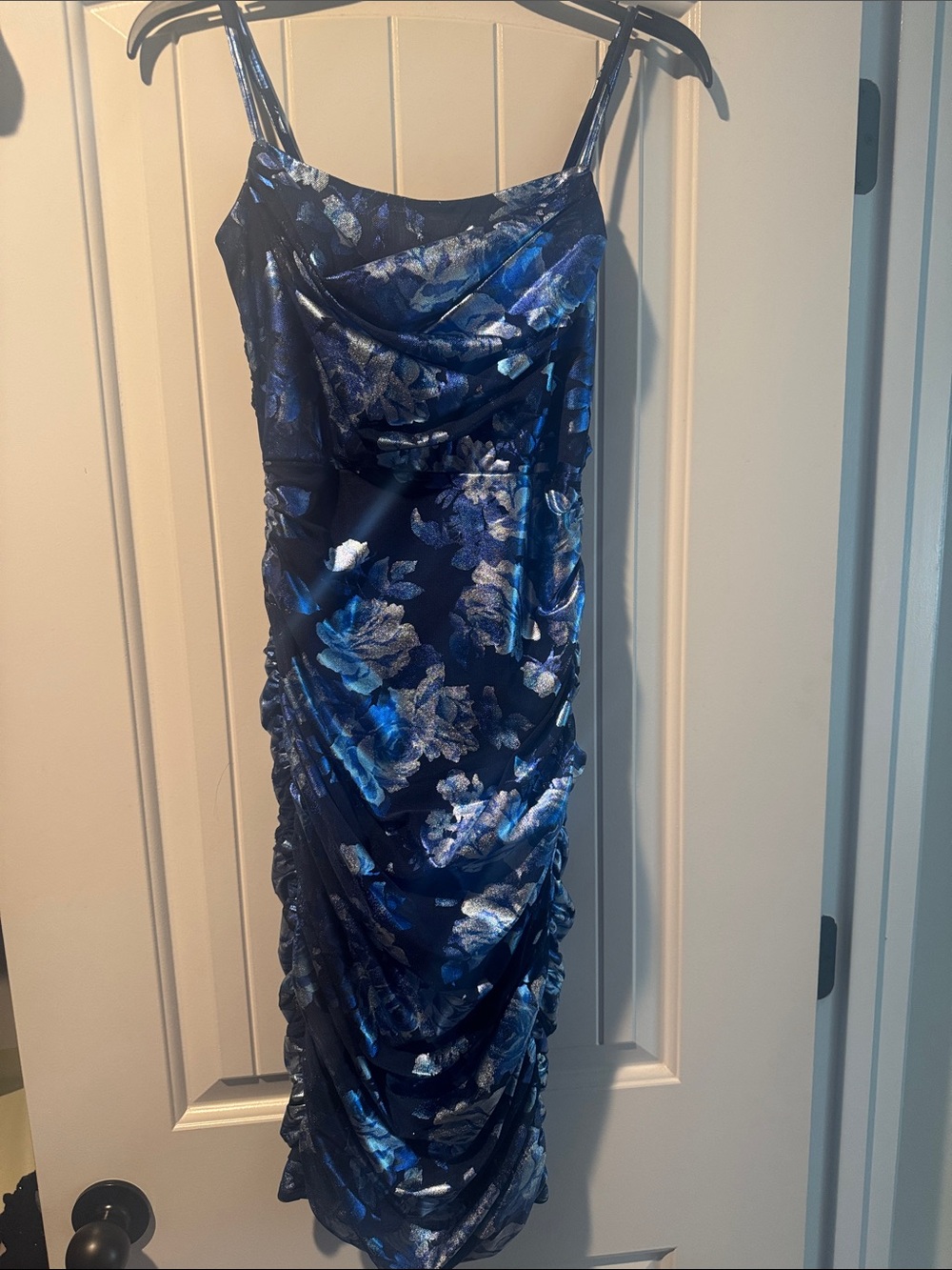 Macy's Navy Floral Ruched Slip Midi Dress